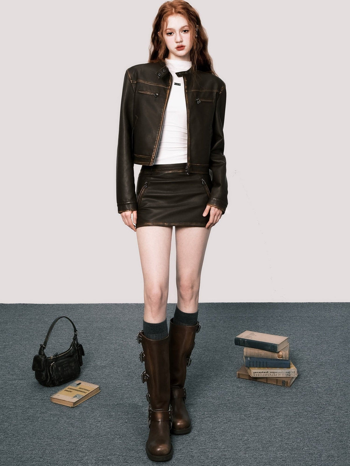 Brown Leather-Look Moto Jacket or Mini Skirt