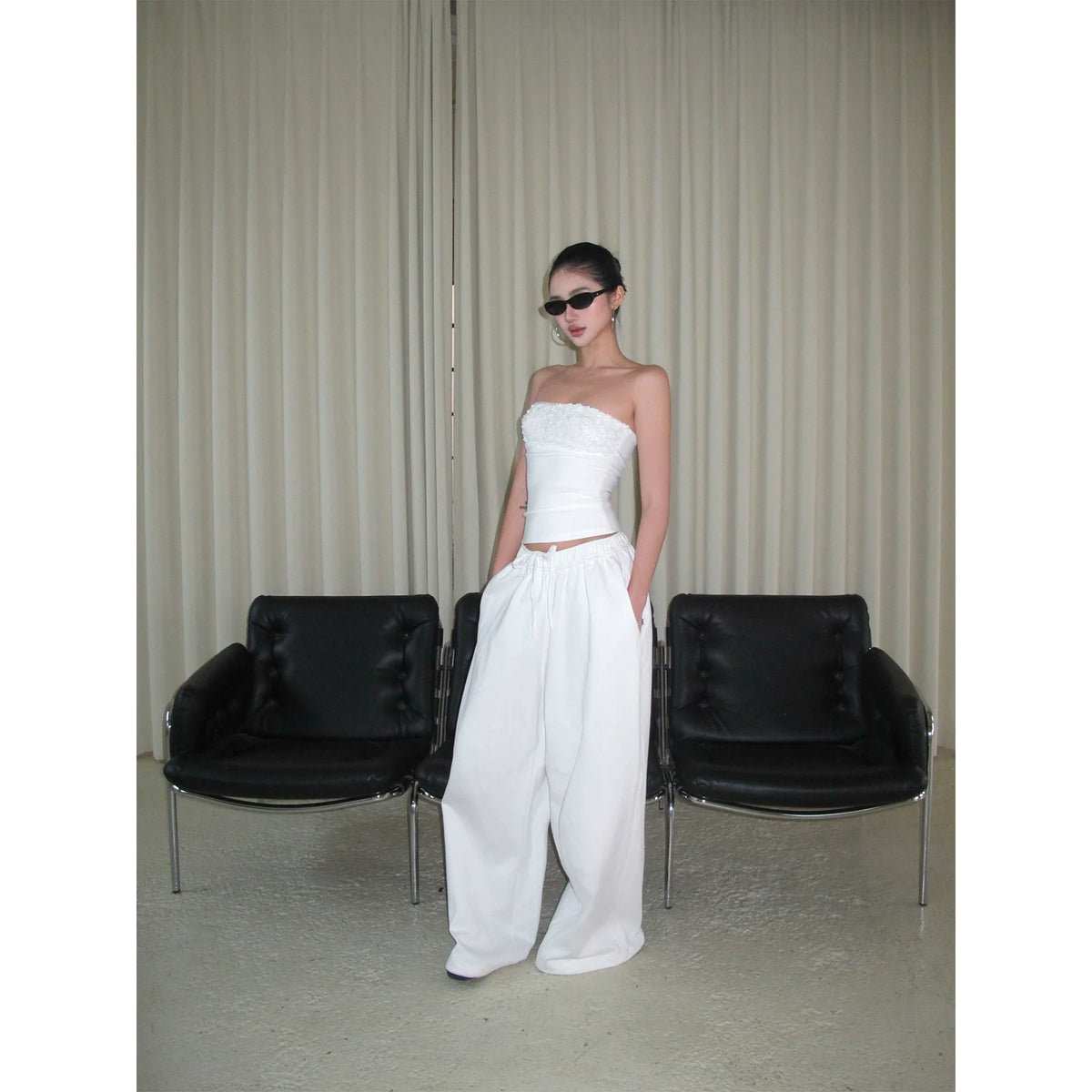 White Cotton Wide-Leg Pants