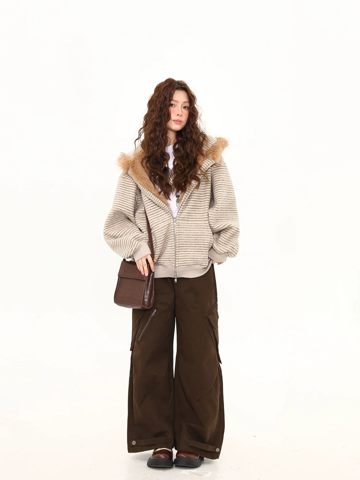 Fluffy Bunny-Ear Striped Hoodie