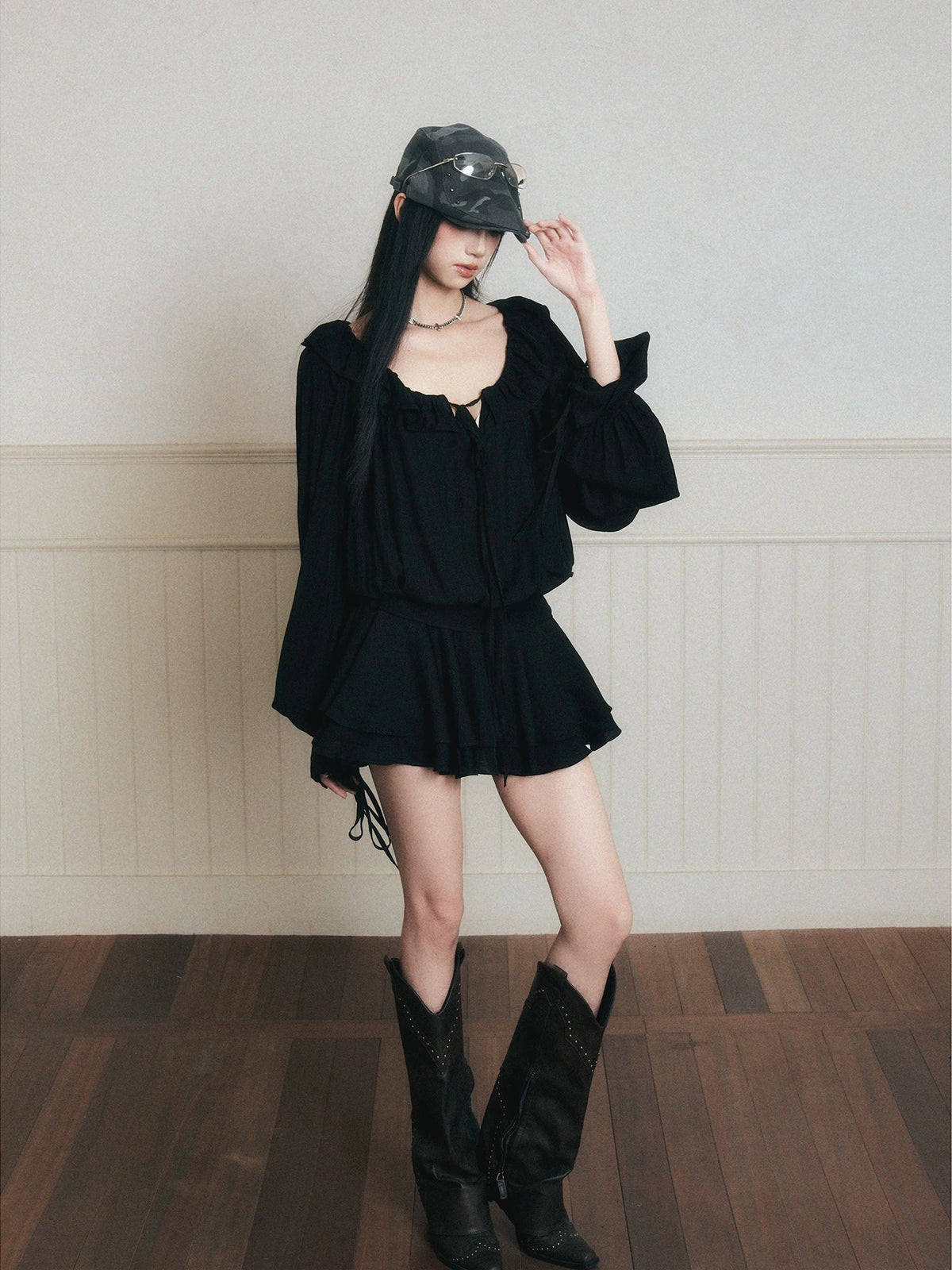 Midnight Ruffle Poet Mini Dress