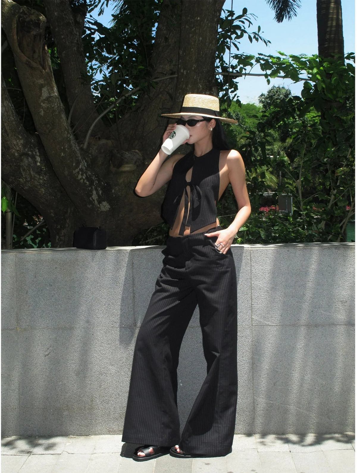Black Pinstripe Wide-Leg Pants