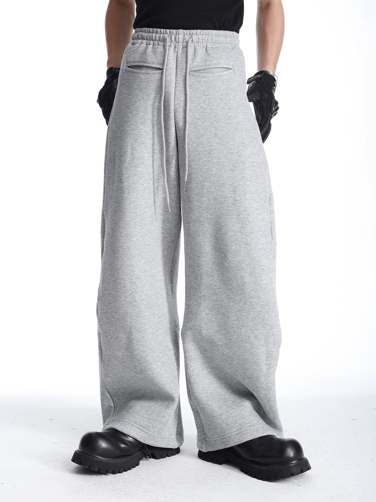 MSMANSON Light Gray Elastic-Waist Wide-Leg Sweatpants