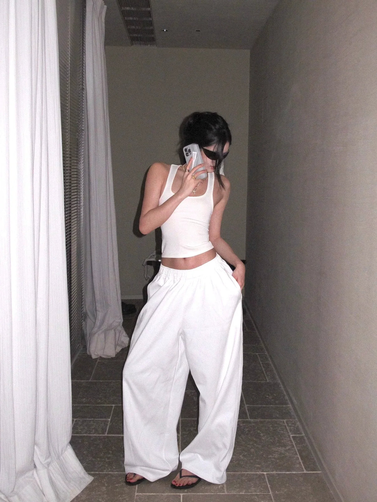 White Cotton Wide-Leg Pants