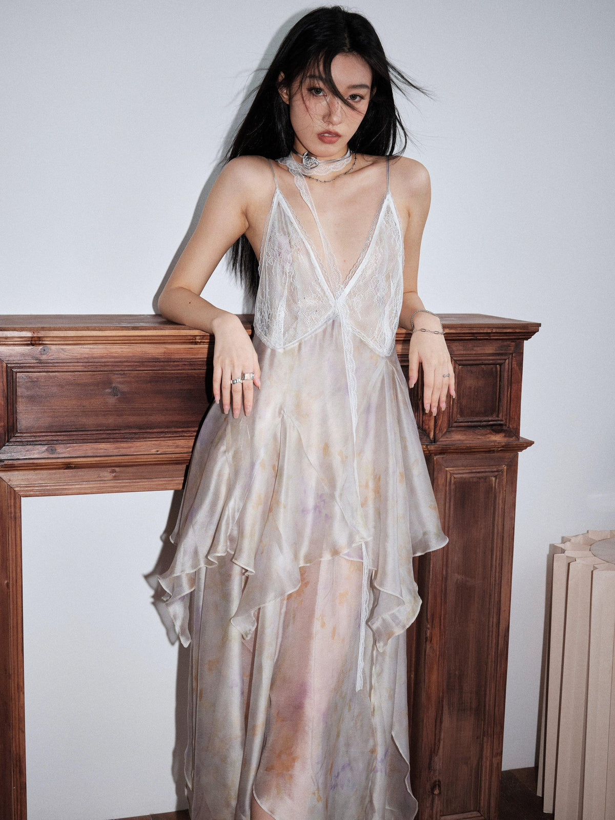 JNYLON STUDIOS Ivory Layered Chiffon Slip Dress