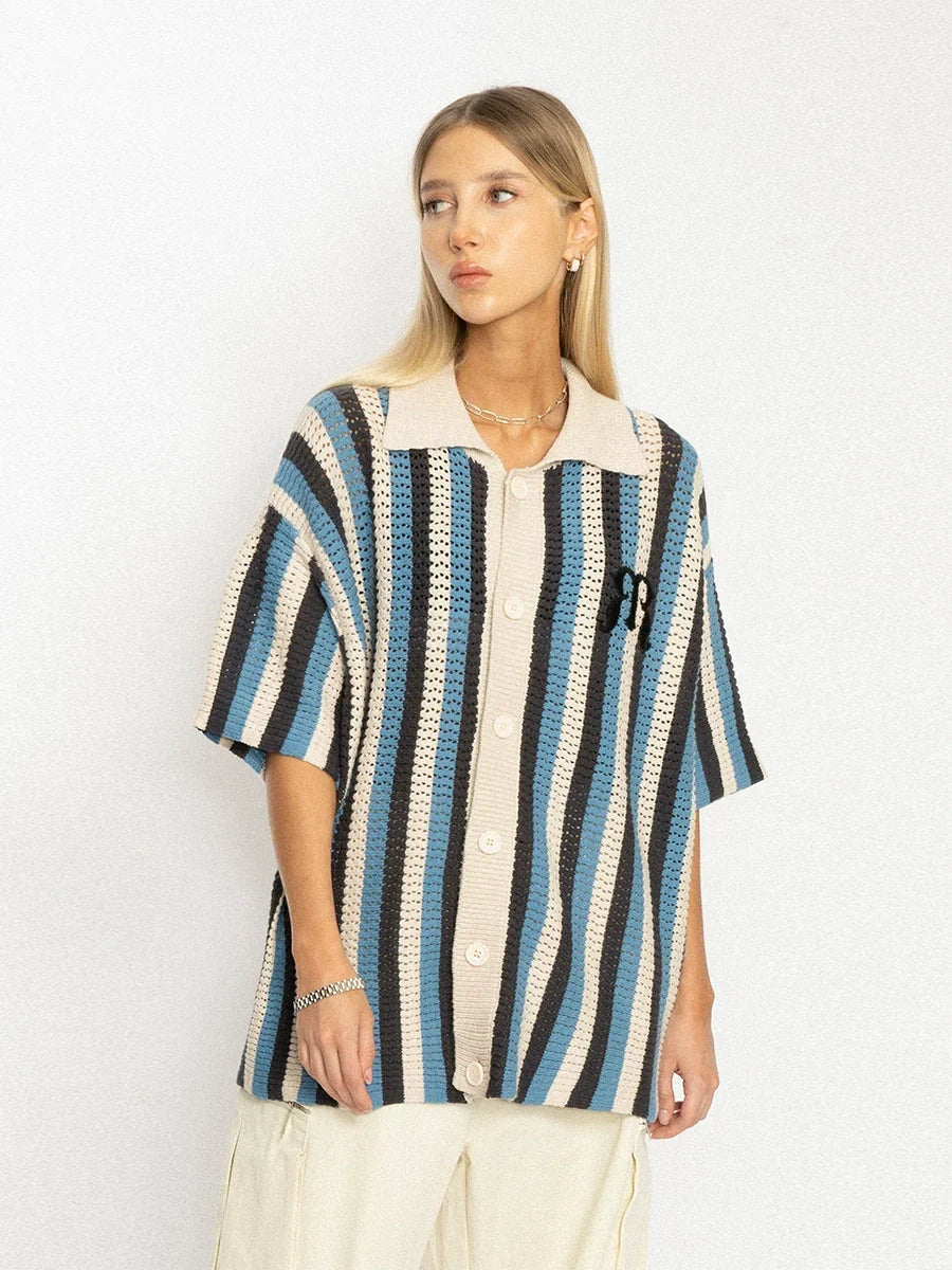Blue Stripe Openwork Oversized Polo Shirt