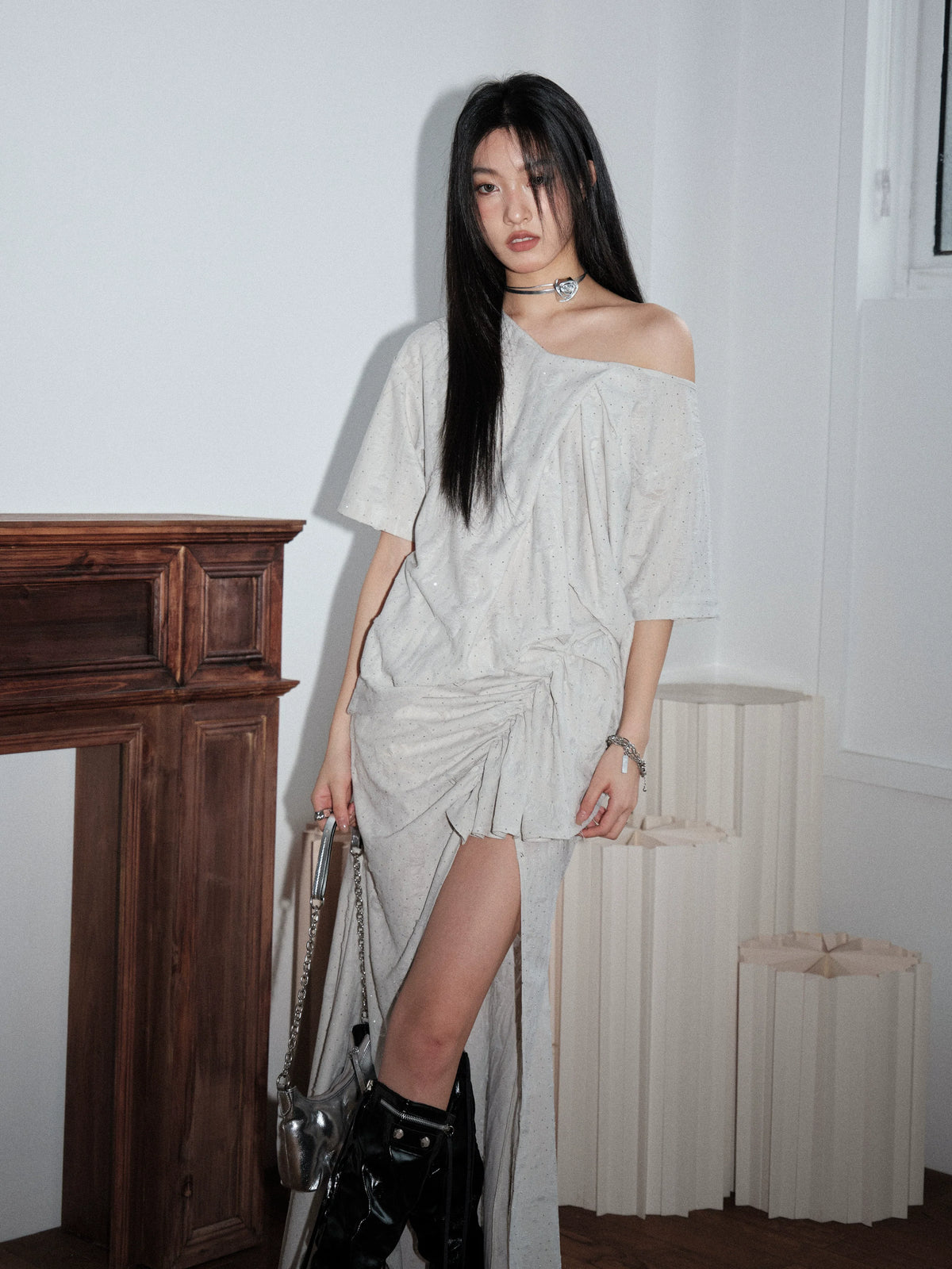 Light Gray Asymmetric Ruched Maxi Dress
