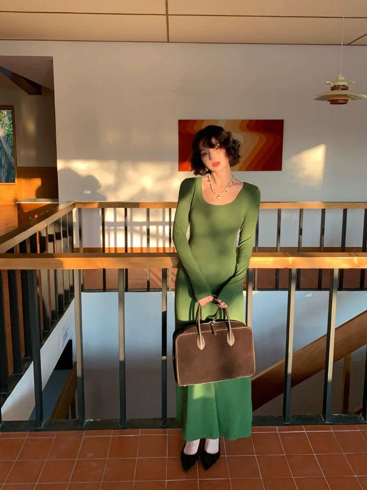 U-Neck Long Sleeve Maxi Dress