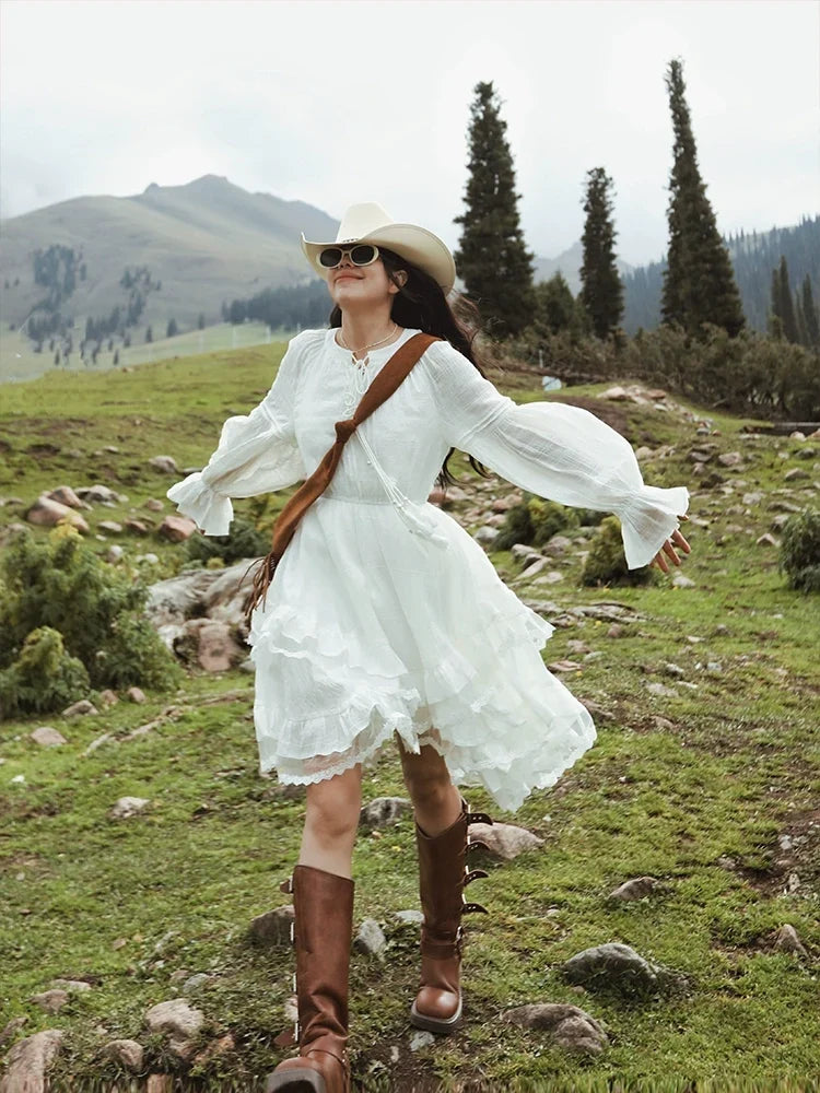 Maixu White Ruffle Long-Sleeve Midi Dress