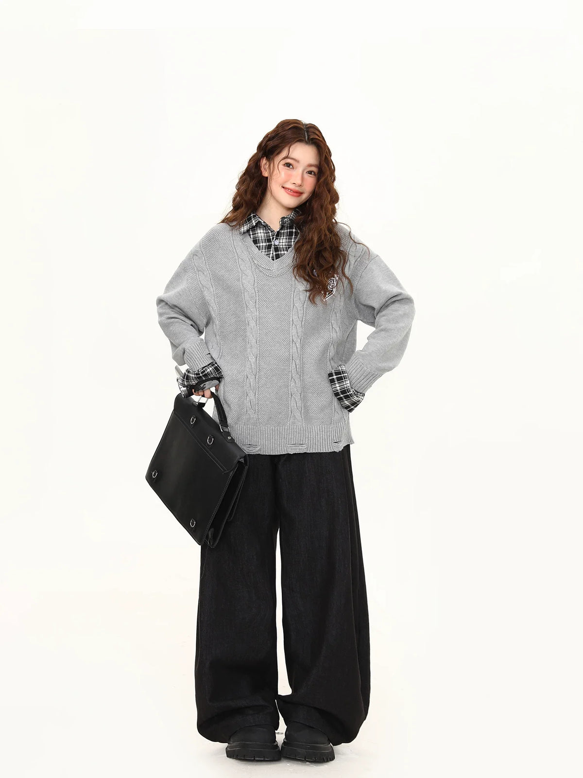 Slate Campus Cable Knit V-Neck Sweater