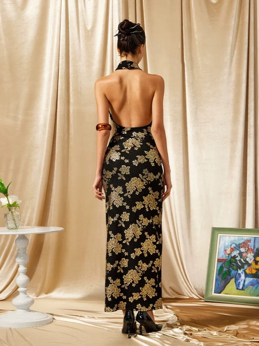 Fywings Black & Gold Halter Cheongsam Maxi Dress