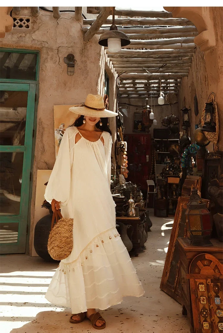 Boho White Tassel Maxi Dress