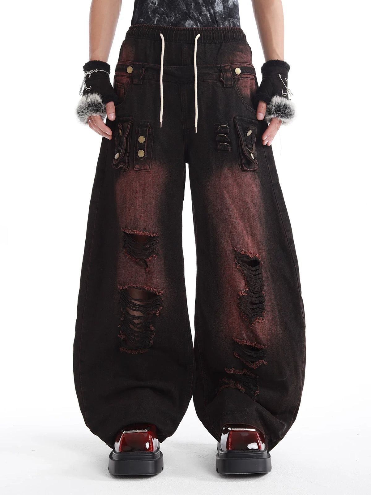 MSMANSON Distressed Wide-Leg Drawstring Denim Pants