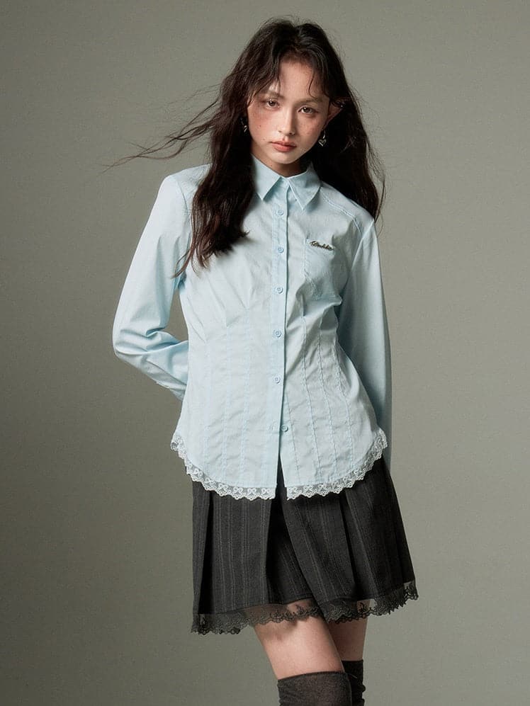Lace-Hem Fitted Button-Up Shirt