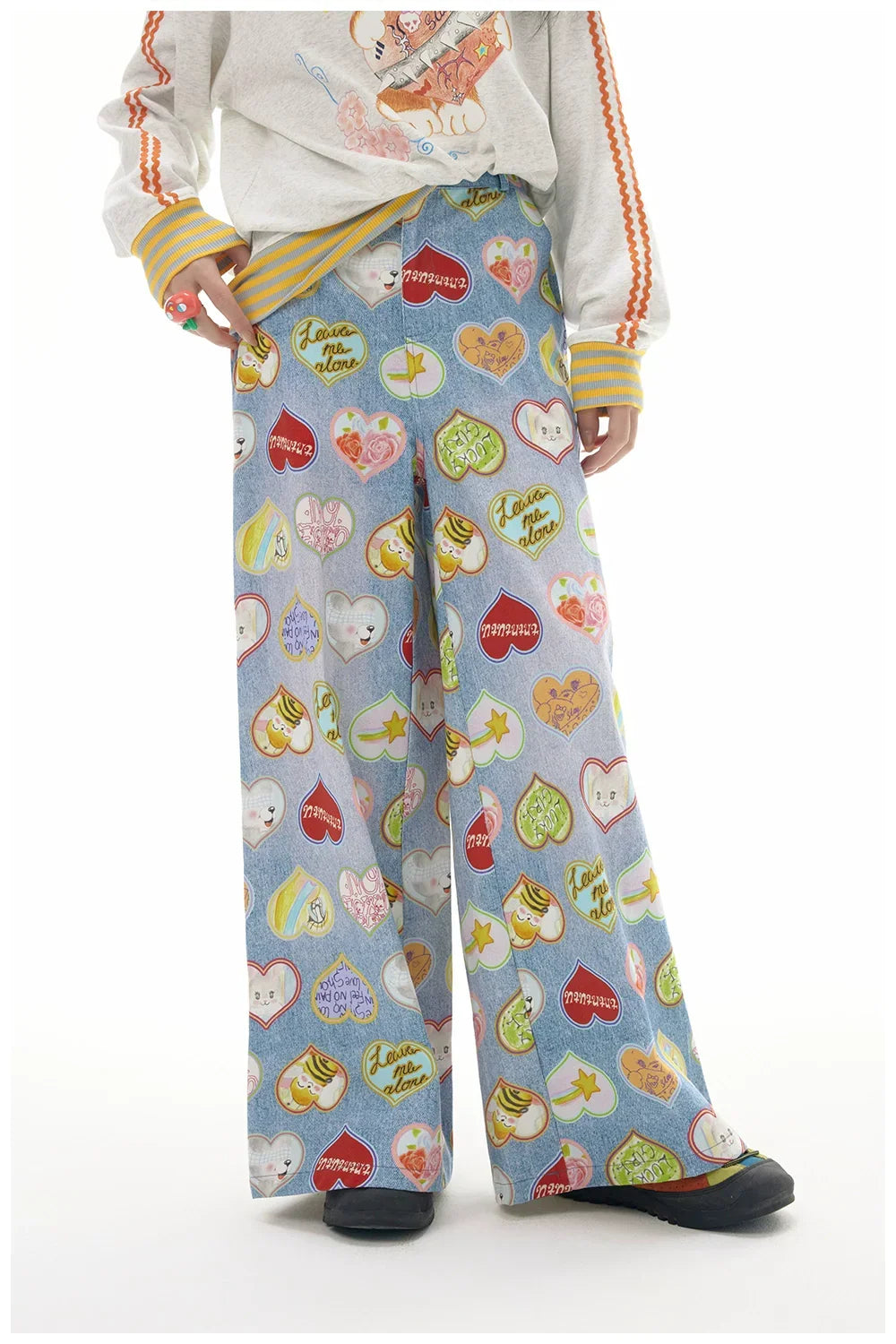 Cute Heart Print Wide Leg Pants