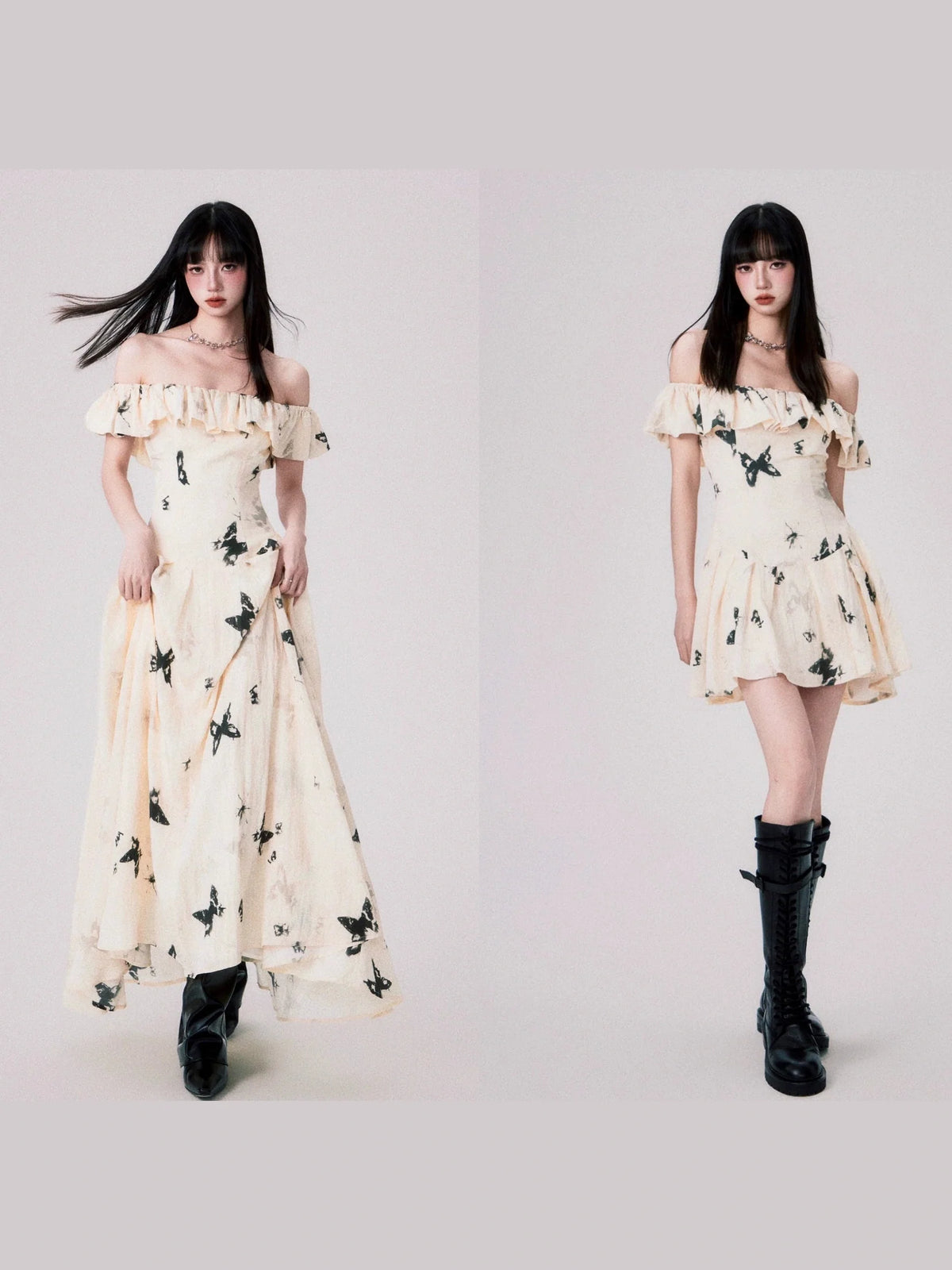 French Ink Butterfly Print Off-Shoulder Dress