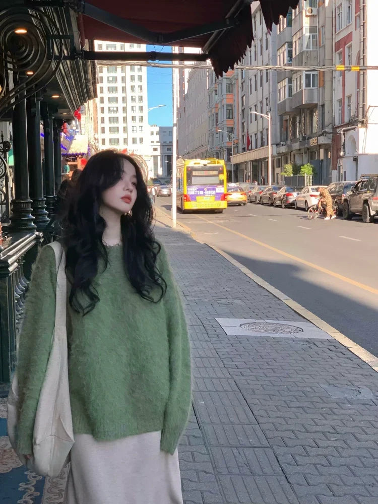 Relaxed Deep-V Fuzzy Knit Sweater