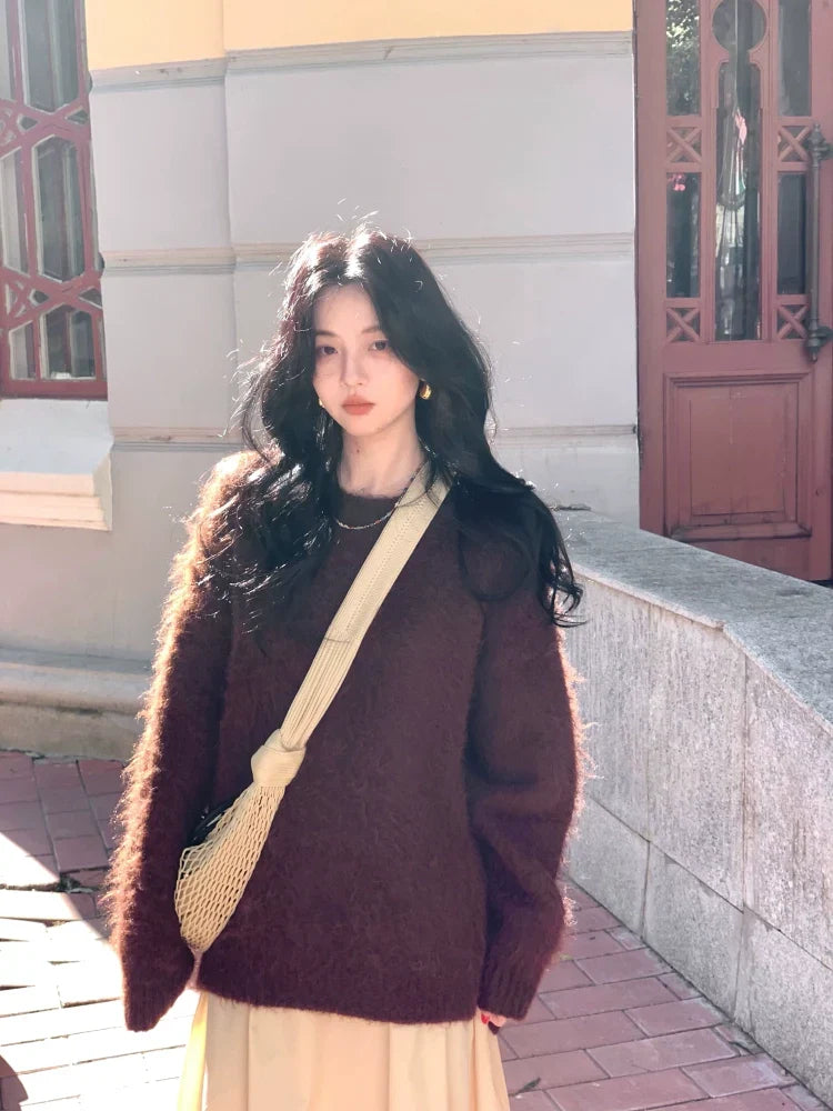 Relaxed Deep-V Fuzzy Knit Sweater