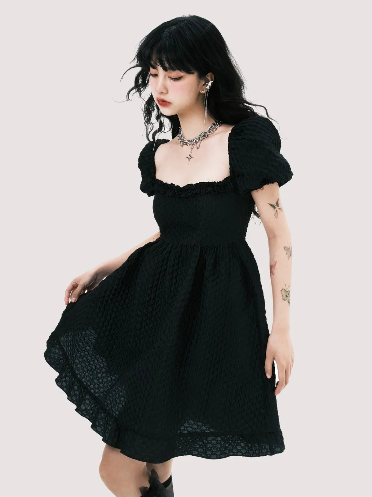 Elegant Square Neck Puff Sleeve Jacquard Dress
