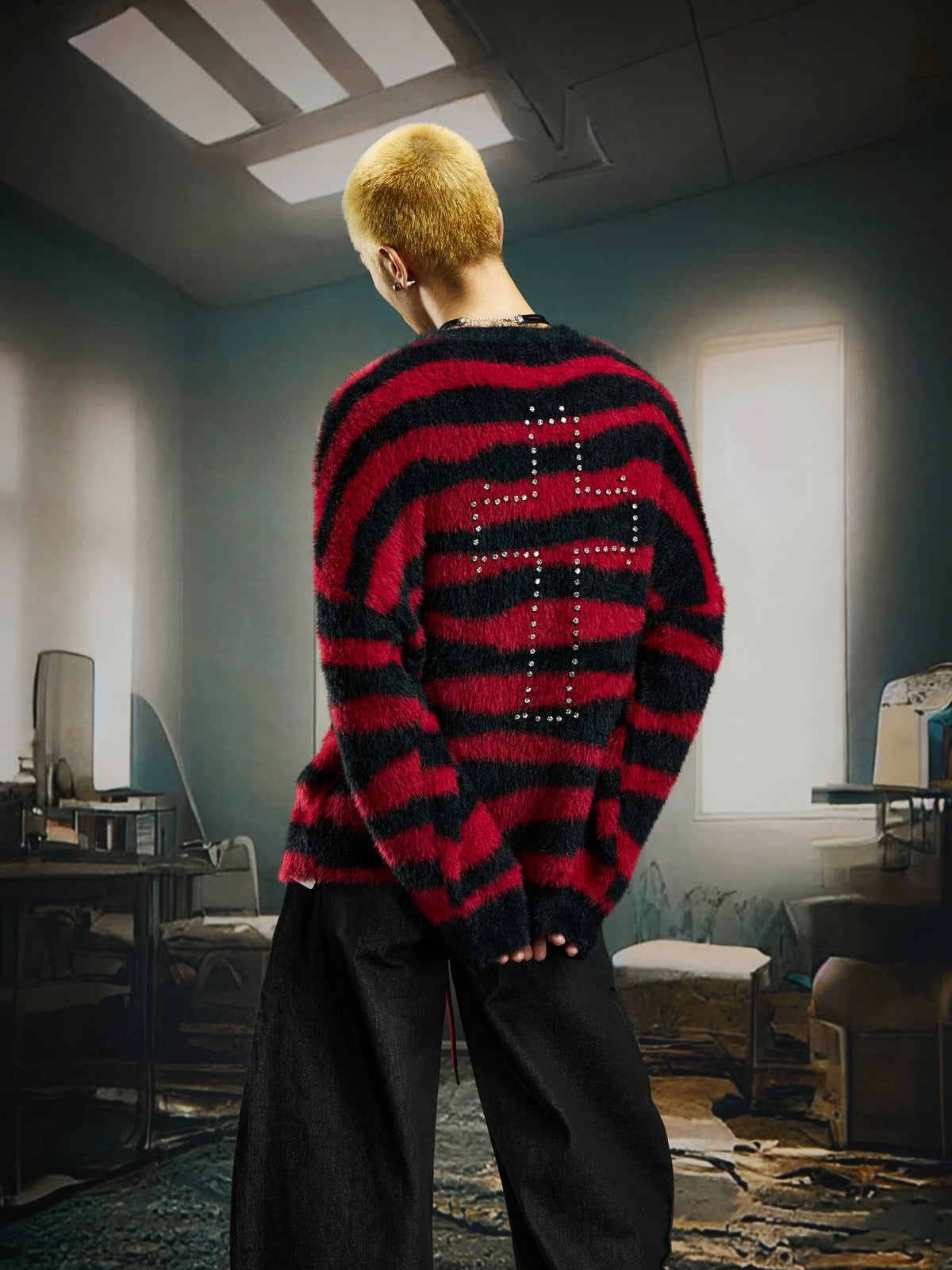 Crucifix Zephyr Striped Fuzz Sweater