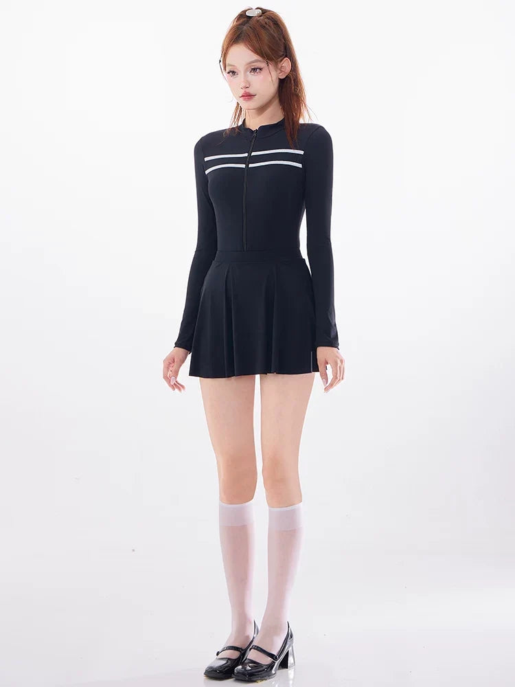 Midnight Varsity Zip Skater Swim Dress