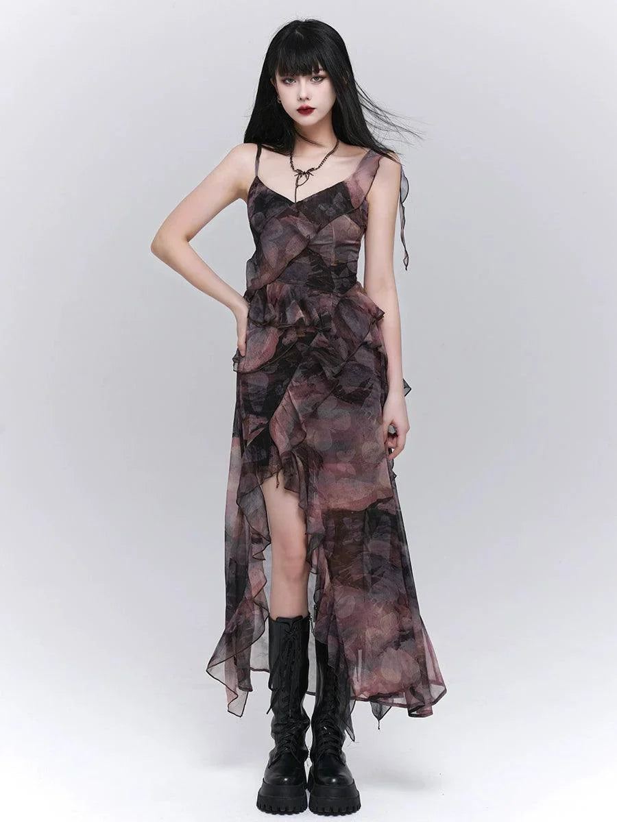 Ladyghost Dark Glamour Asymmetrical Maxi Dress - Women'S Sheer Floral Print Ruffle Dress With High Slit