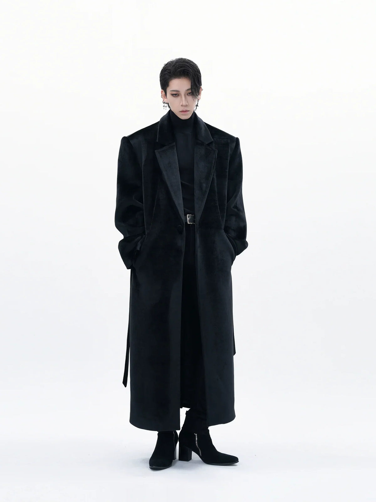 Black Velvet Belted Overcoat