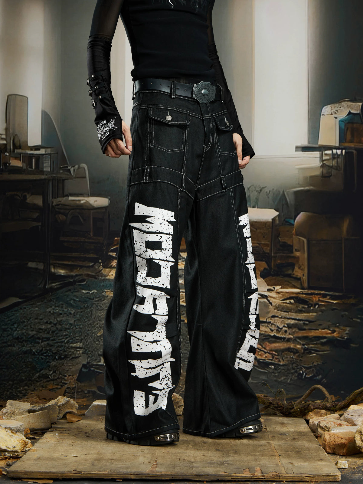 Wreckline Script Wide‑Leg Denim Pants