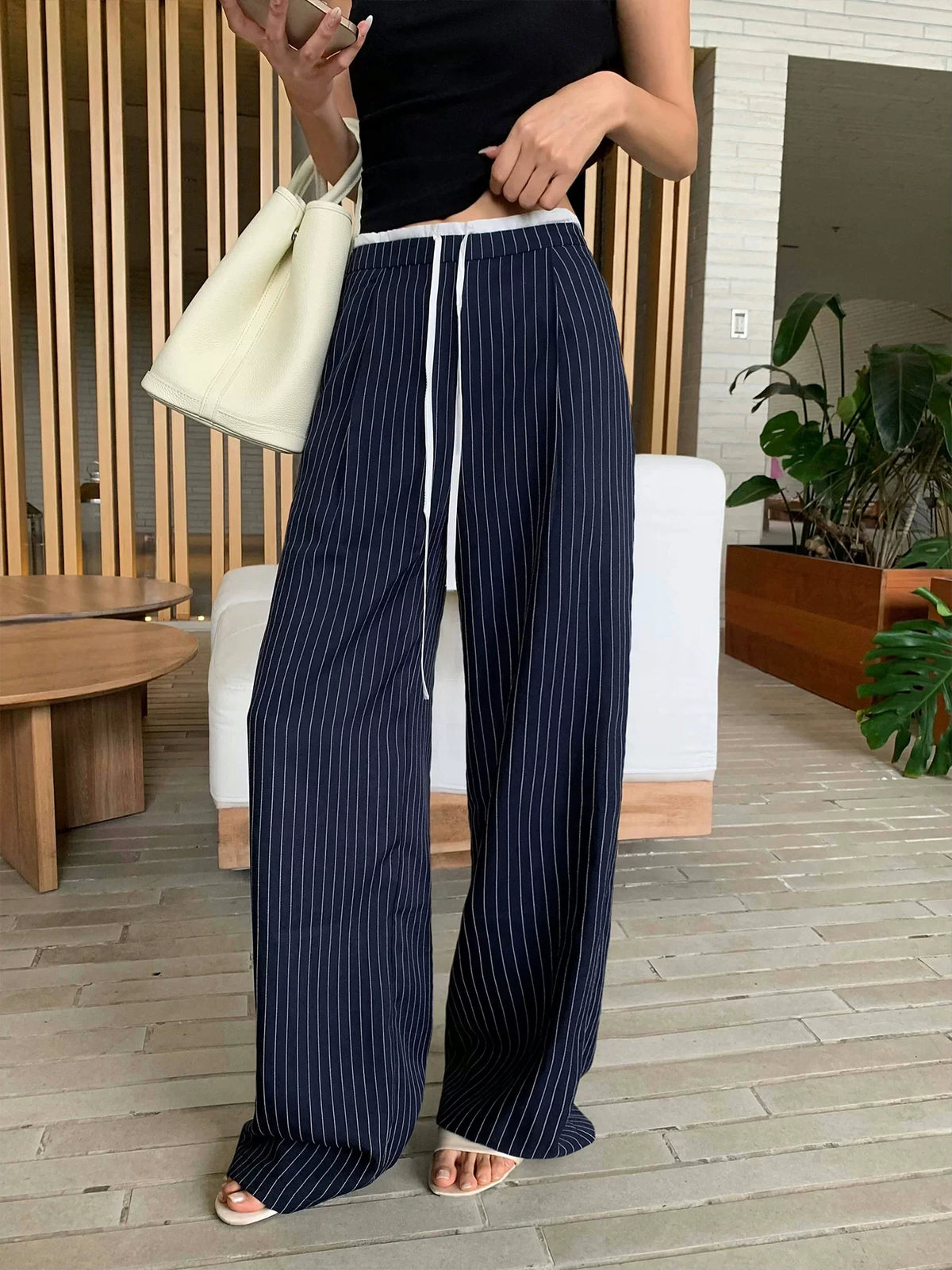 Pinstripe Drawstring Wide Leg Pants
