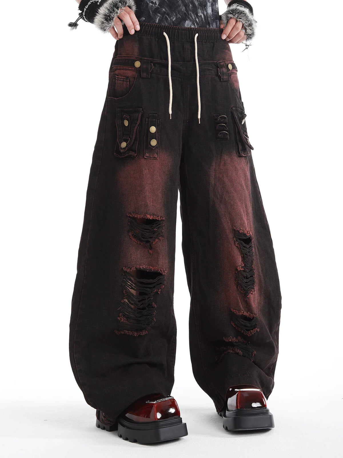 MSMANSON Distressed Wide-Leg Drawstring Denim Pants