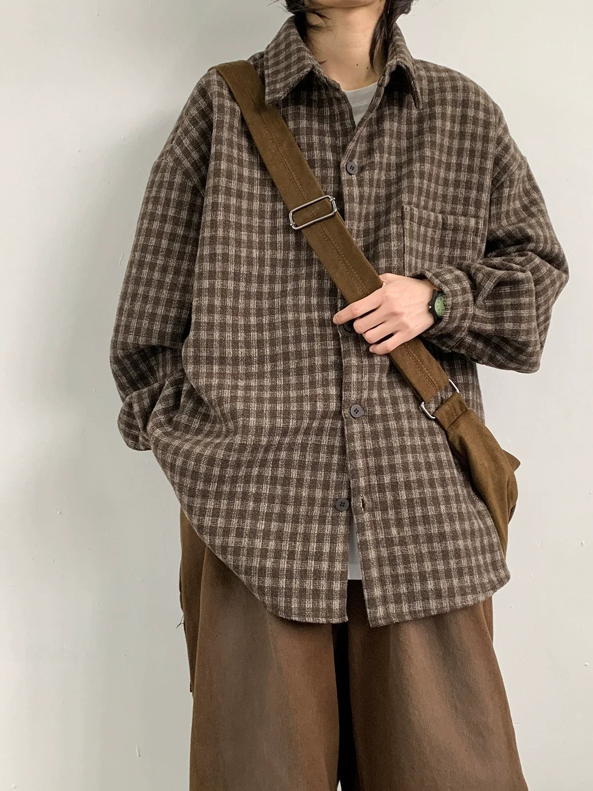 Oversized Brown Plaid Flannel Shirt