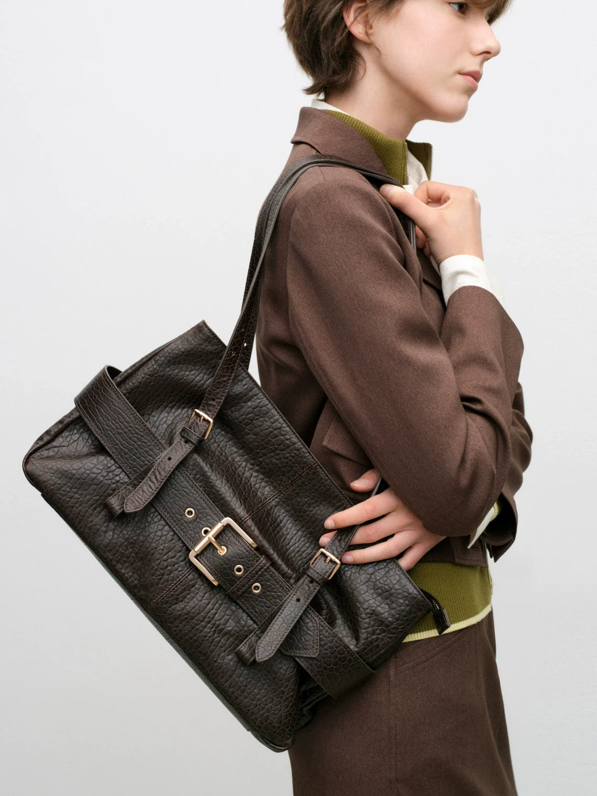 Oversized Buckle Leather Baguette Bag