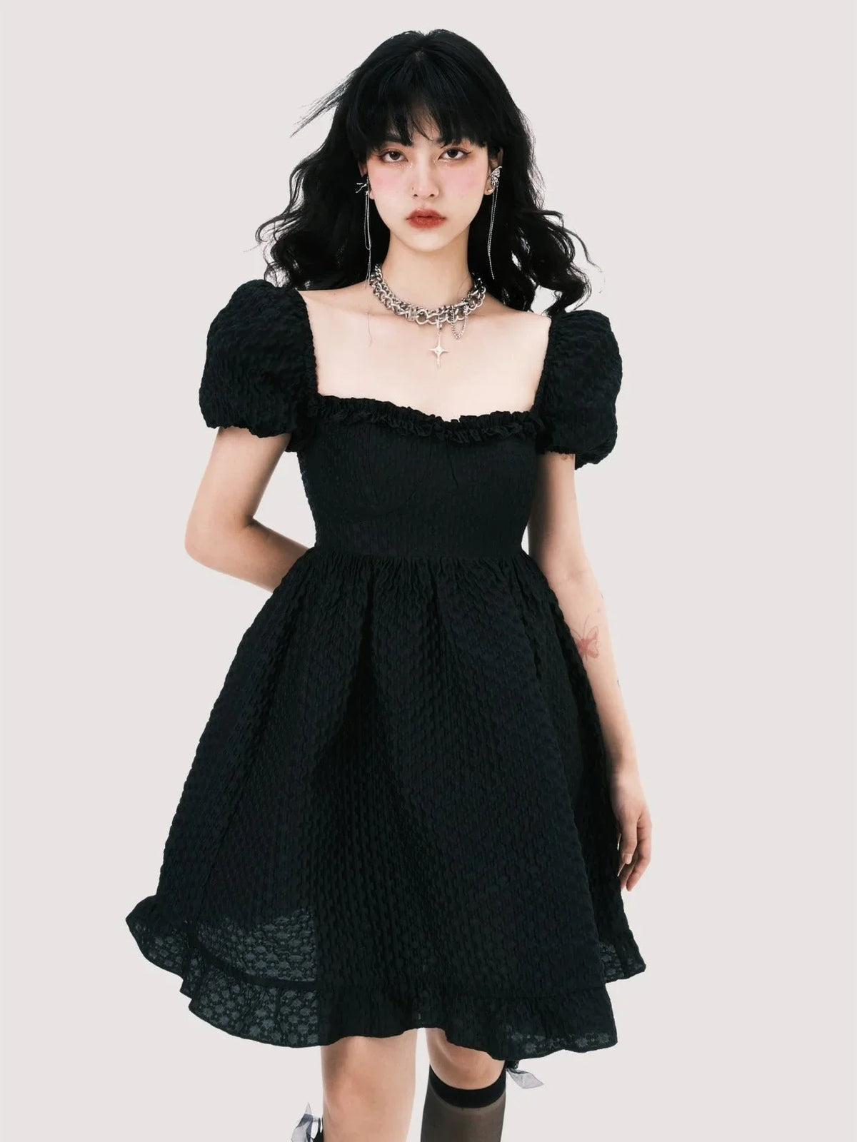 Elegant Square Neck Puff Sleeve Jacquard Dress