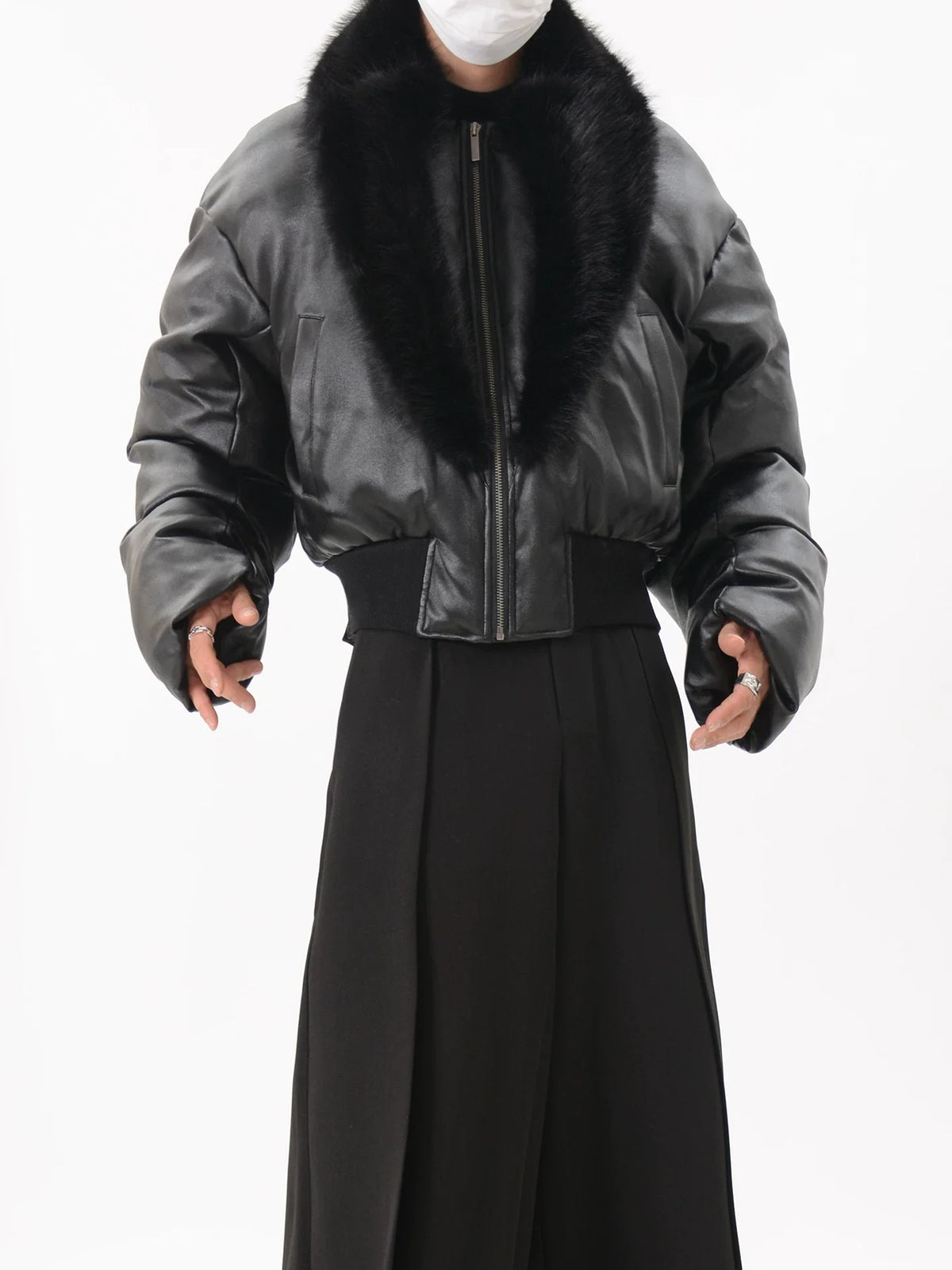 Black Faux Leather Cropped Puffer Jacket with Faux Fur Collar