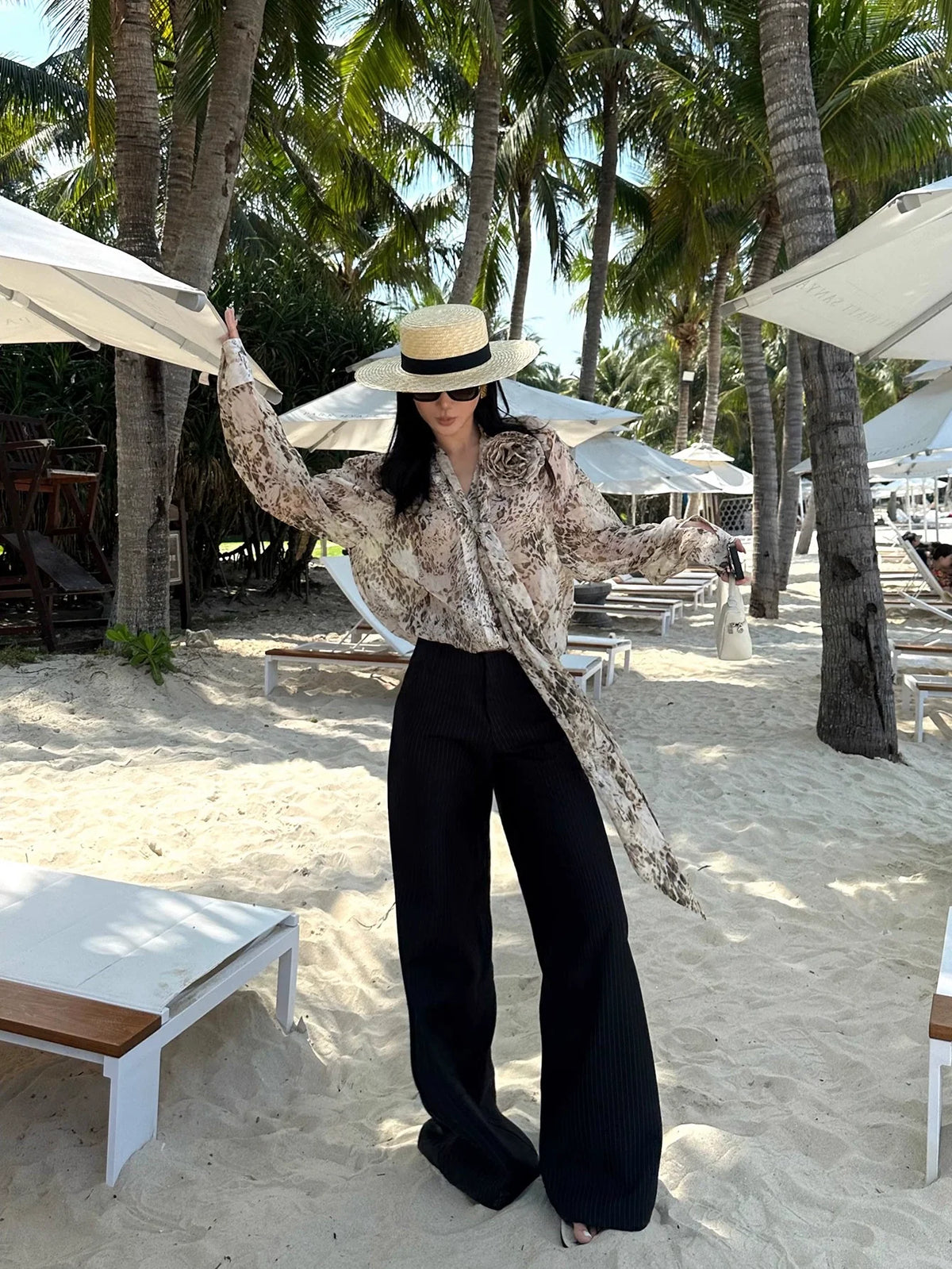 Black Pinstripe Wide-Leg Pants