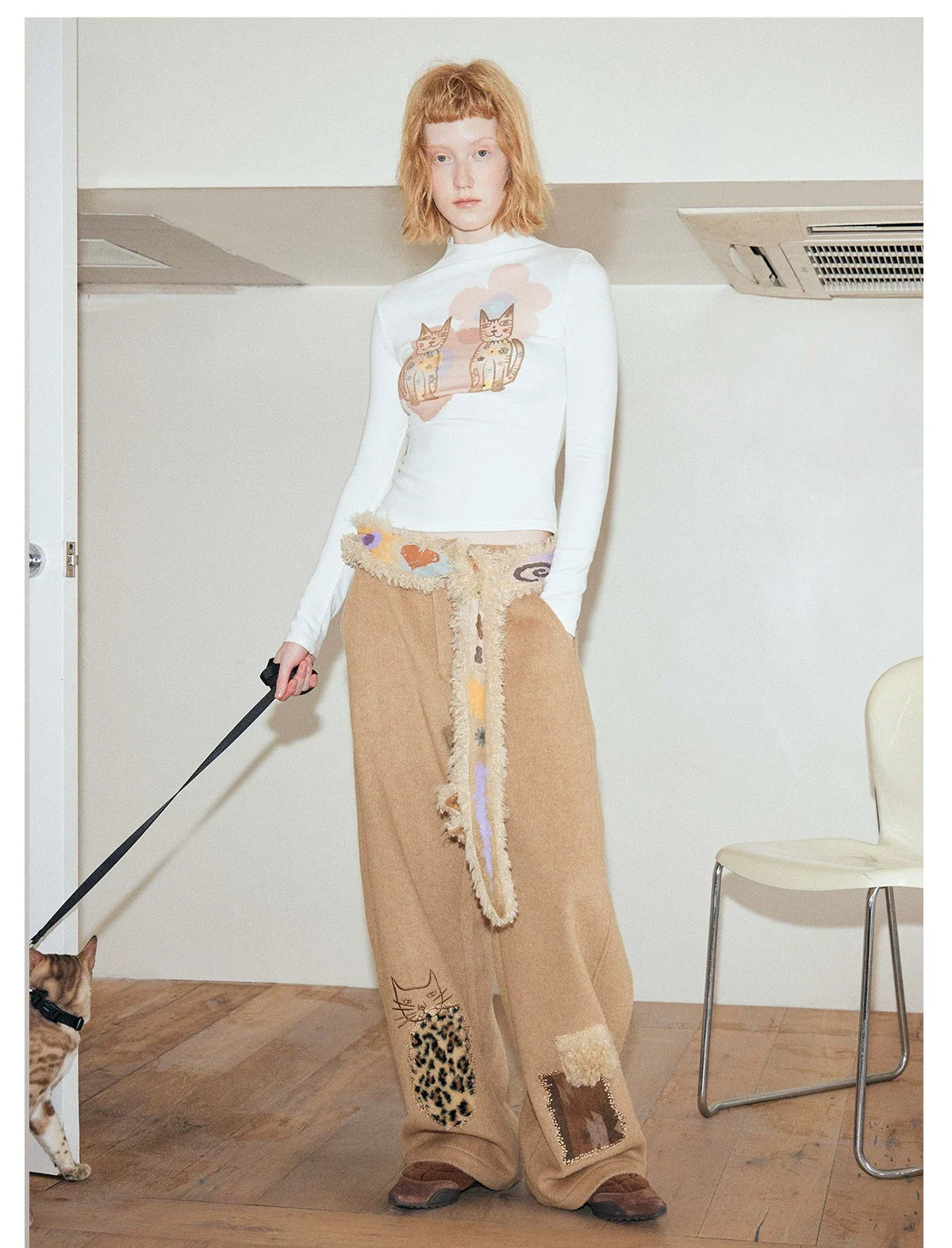 Leopard Pocket Kitty Patch Wide‑Leg Pants