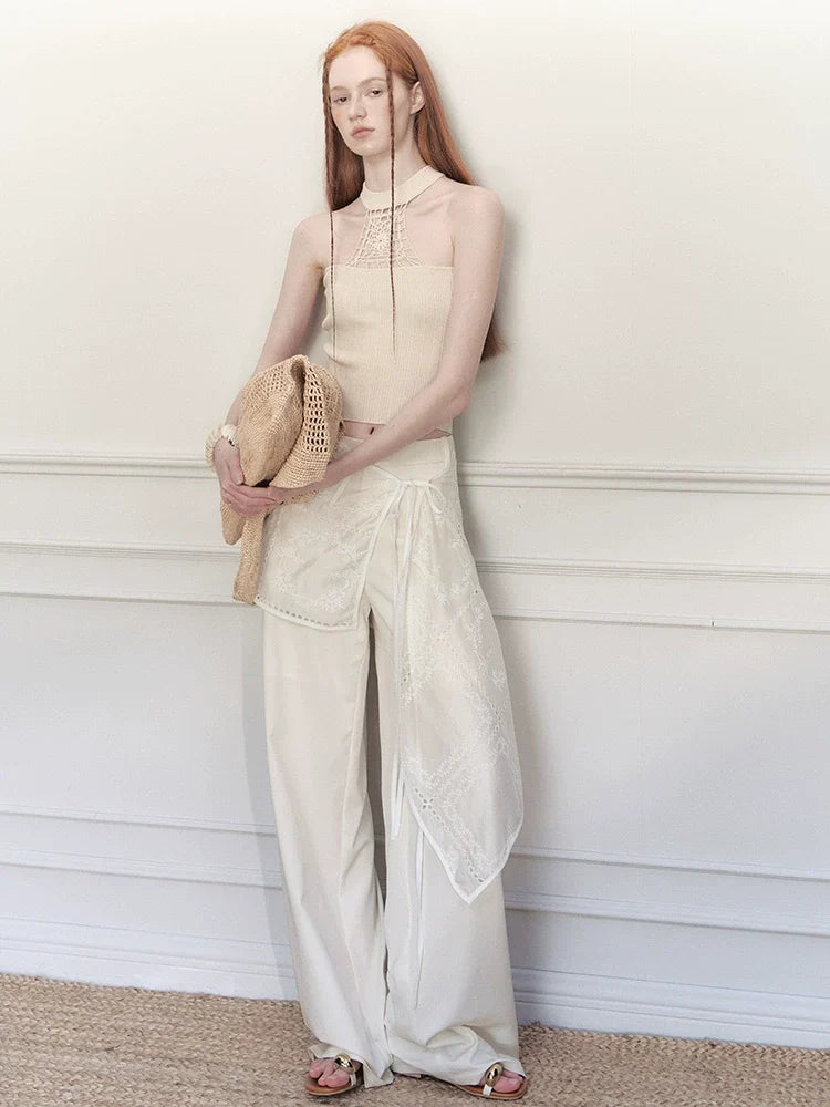 Embroidered Wrap Skirt Wide-Leg Trousers