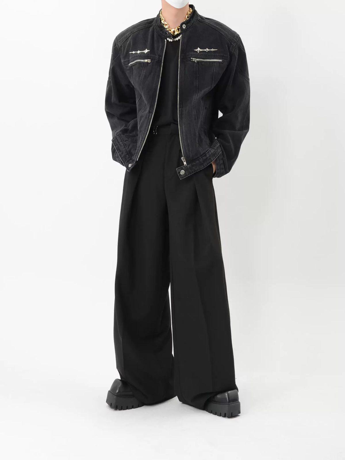LUCE GARMENT Black Denim Zip Moto Jacket with Chest Zip Pockets