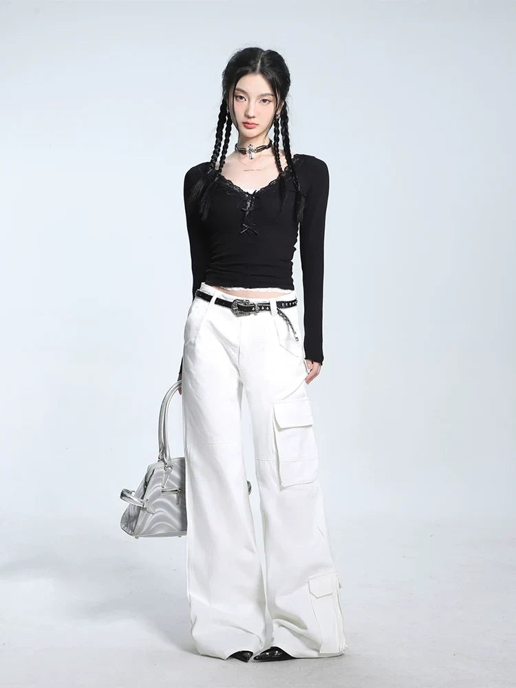 Bow Lace Trim V-neck Long Sleeve Knit Sweater