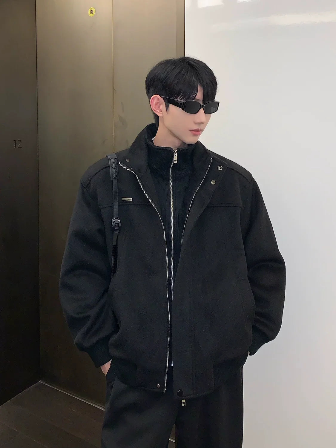 Bomber Jacket with Stand Collar and Ribbed Cuffs