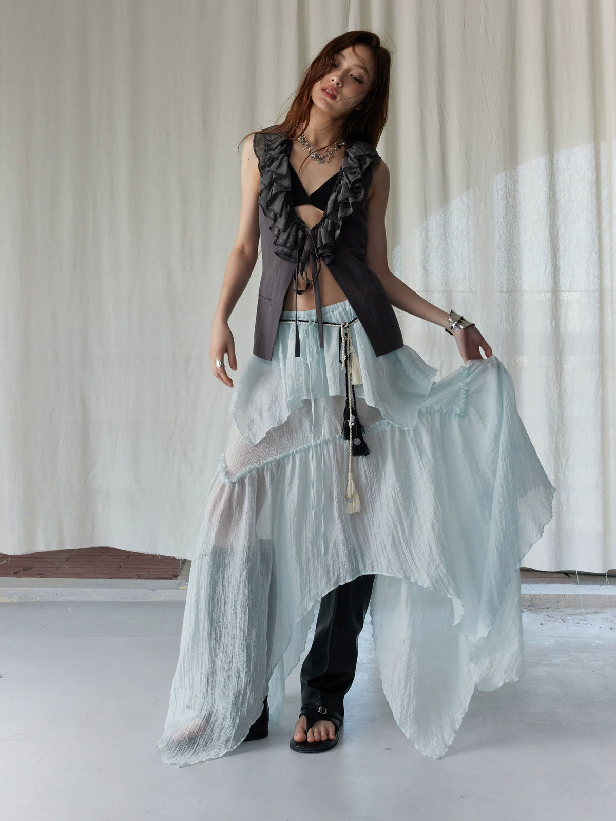 Dark Ruffle Vest & Green Layered Skirt