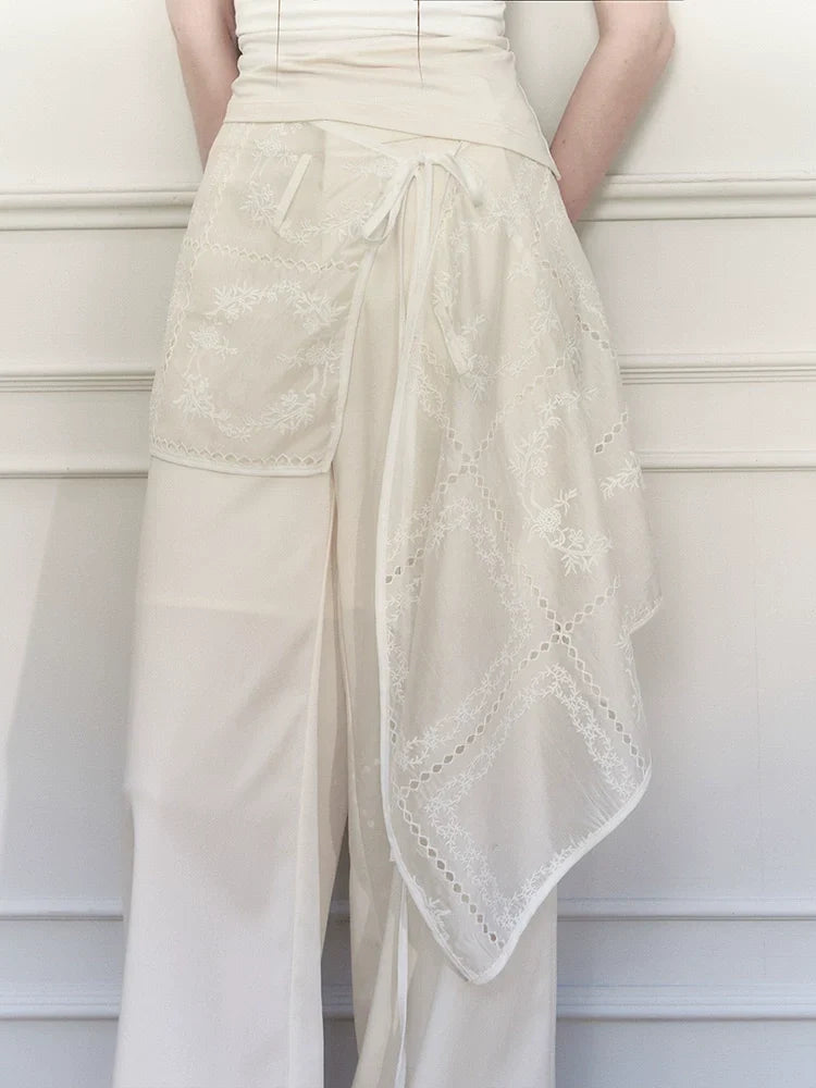 Embroidered Wrap Skirt Wide-Leg Trousers