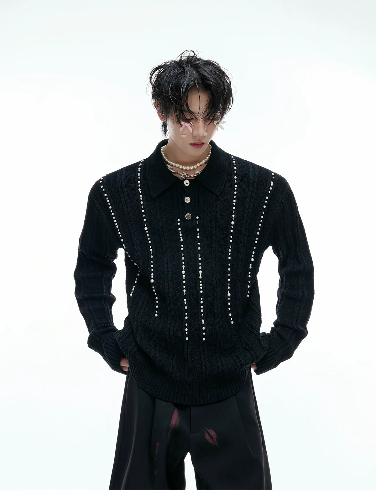 Beaded Knit Polo Sweater
