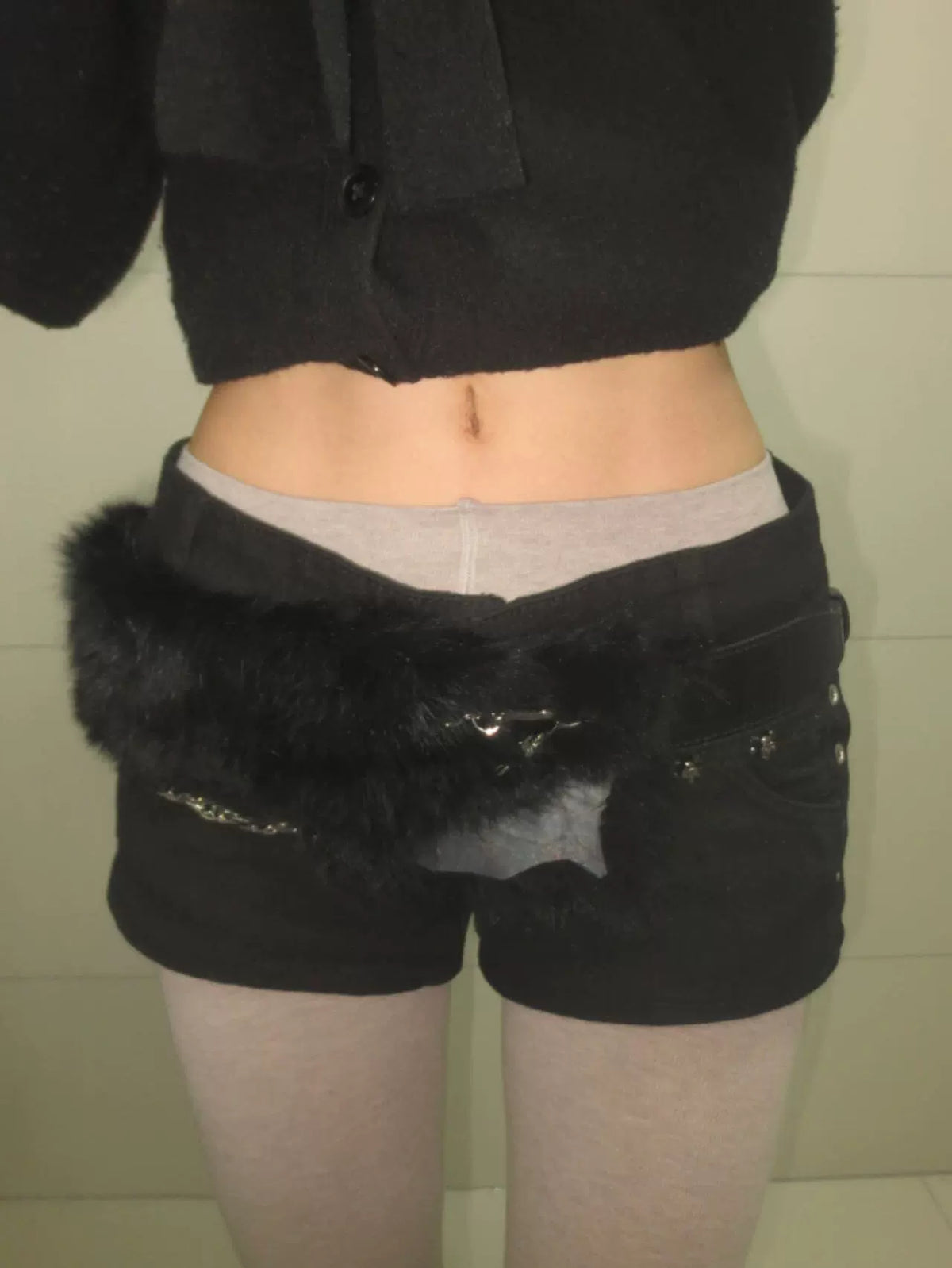 Black Rabbit Fur Crocodile Pattern Chain Belt