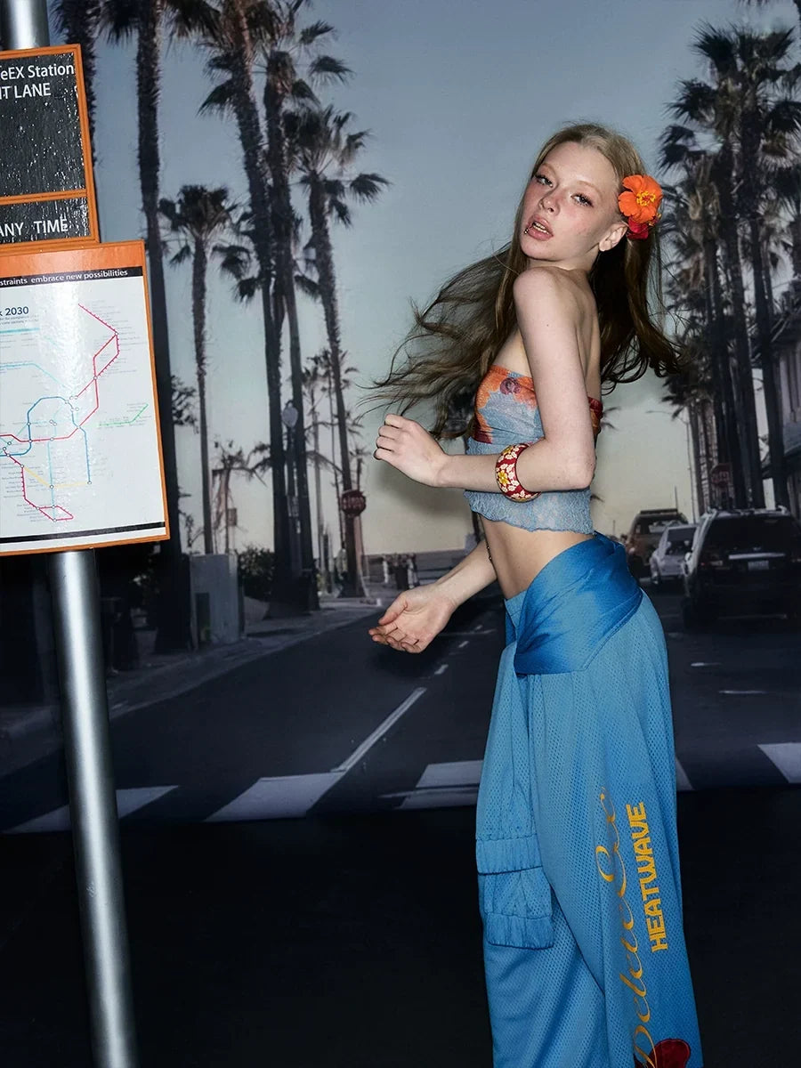 "Heatwave Horizon" Mesh Vacation Wide-Leg Pants