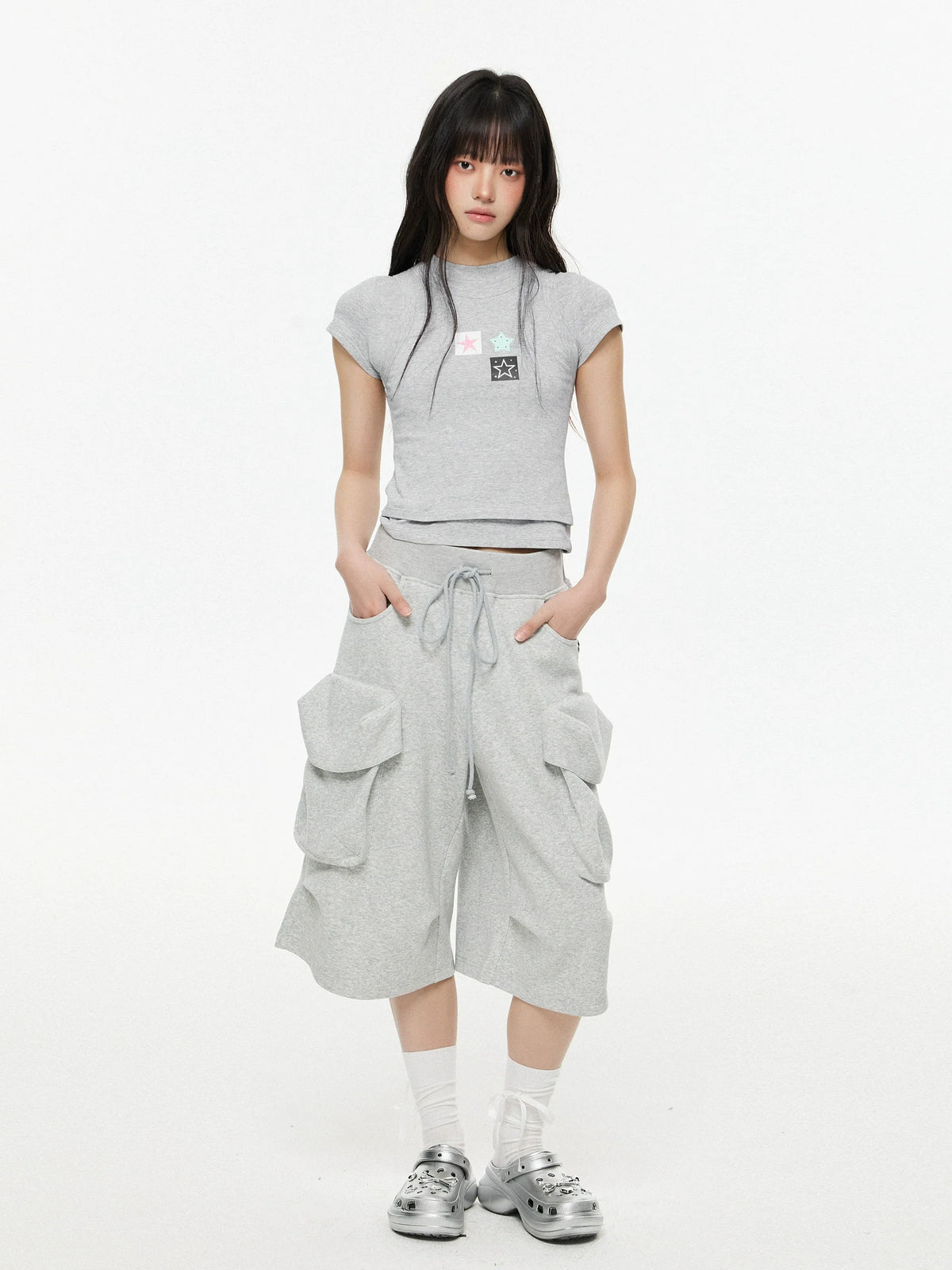 Loose Fit Drawstring Cargo Bermuda Length Shorts