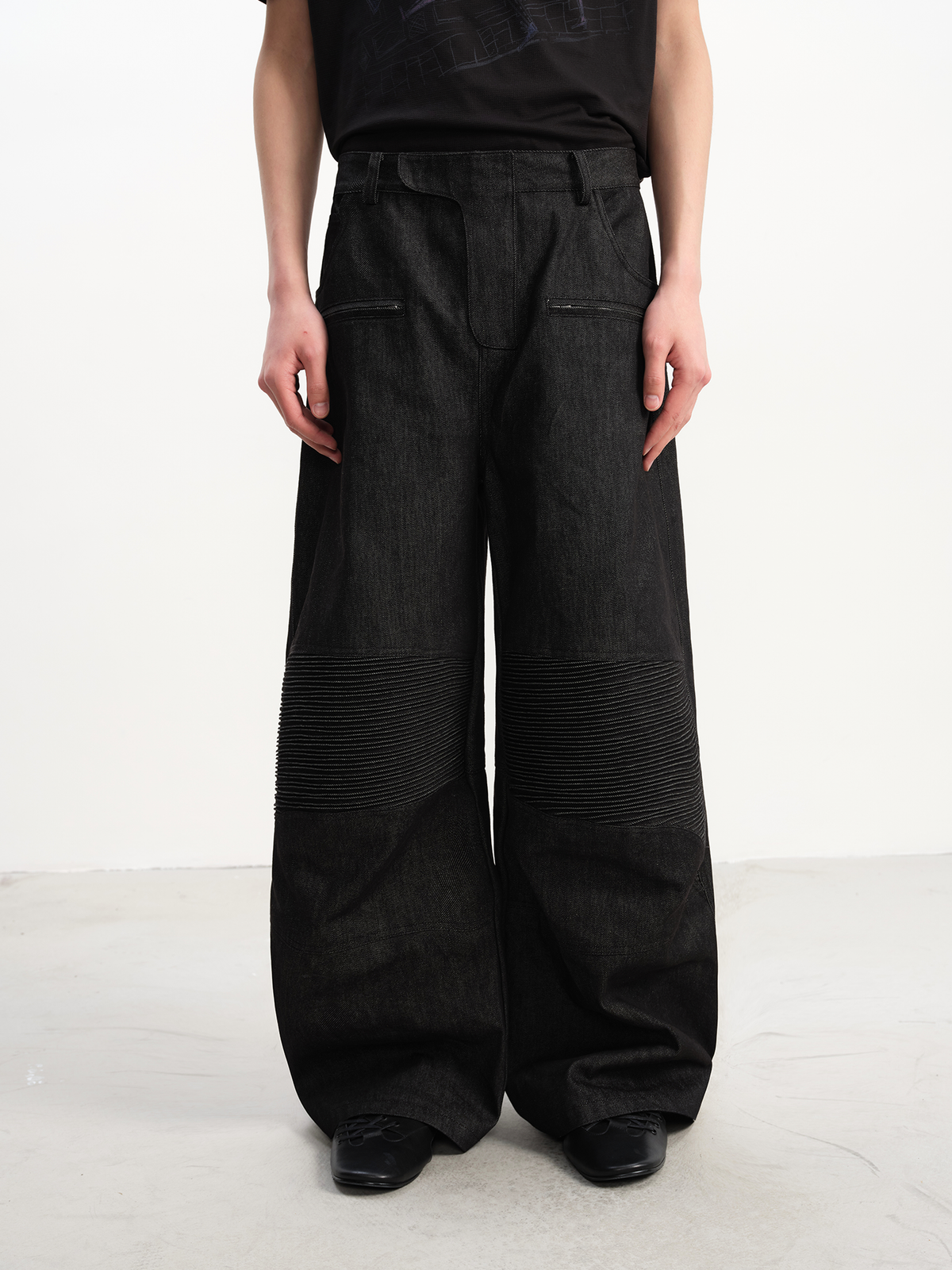 Ribbed Knee Panels Wide-Leg Denim Pants