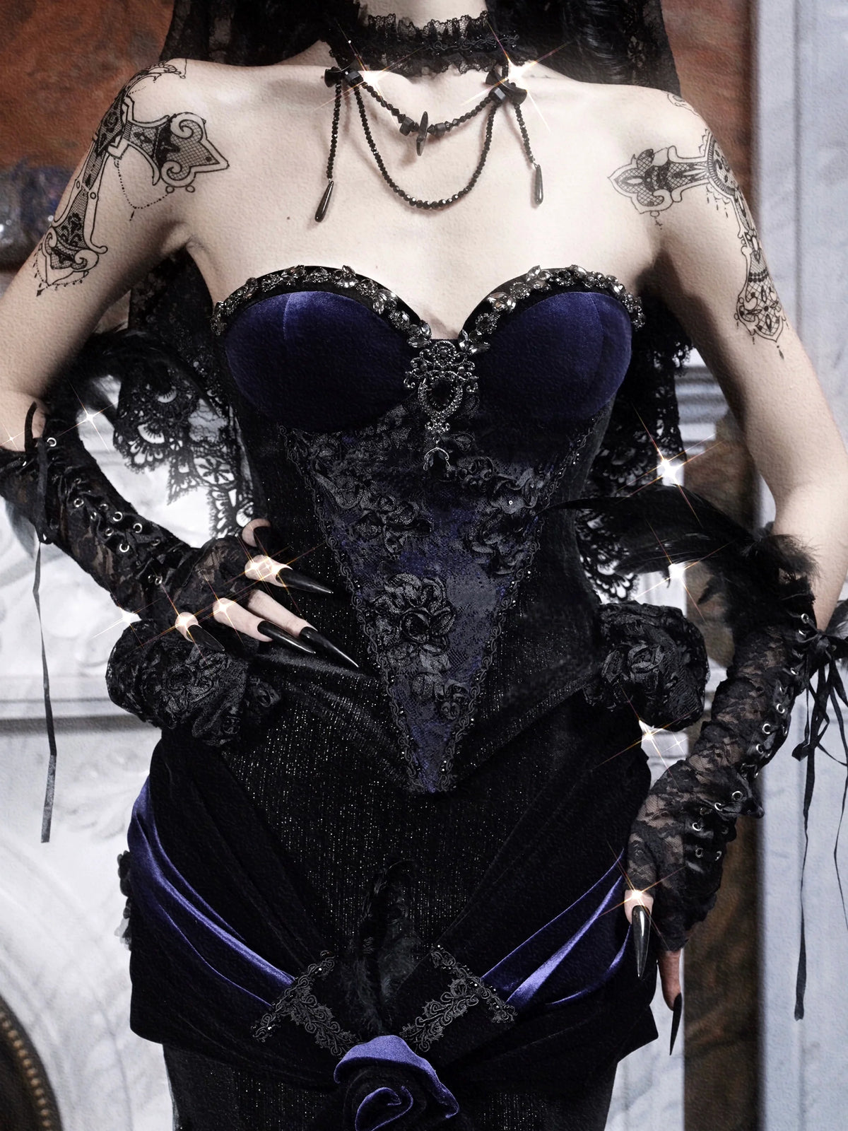Gothic Midnight Blue Corset with Dramatic Ruffled Hip Details