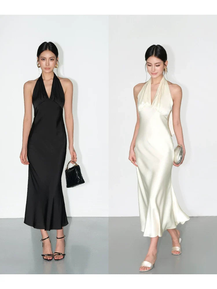 Backless Halter Satin Slip Dress