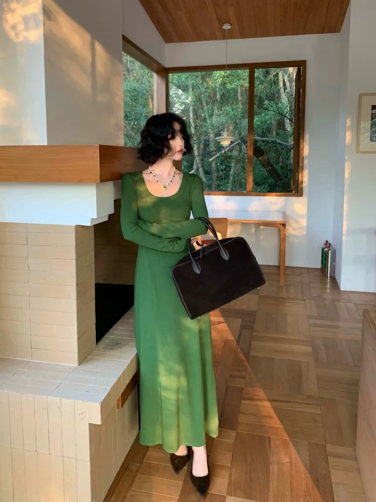 U-Neck Long Sleeve Maxi Dress