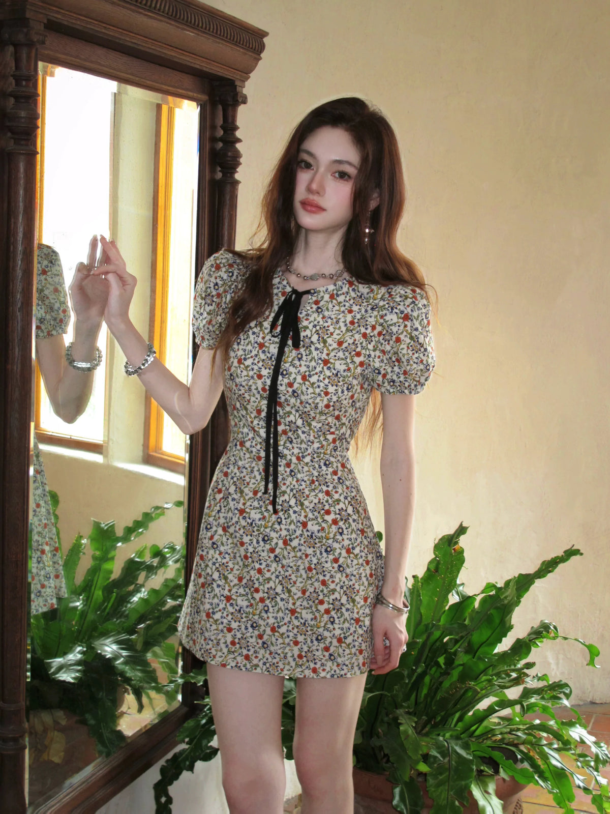 Garden Muse Bow‑Tie Floral Mini Dress